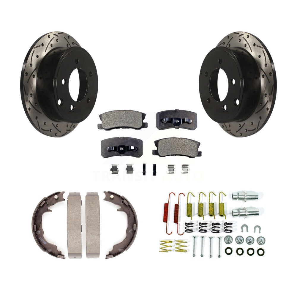 POSITION Disc Drilled & Slotted Rotors Ceramic Pads Parking Brake Shoes Hardware-KDT-102122