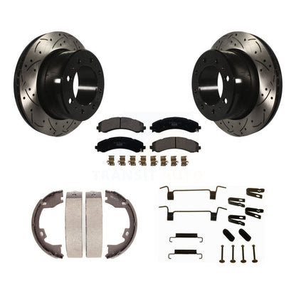 POSITION Disc Drilled & Slotted Rotors Ceramic Pads Parking Brake Shoes Hardware-KDT-102131