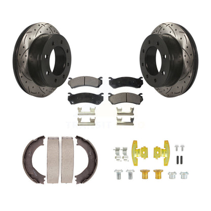 POSITION Disc Drilled & Slotted Rotors Ceramic Pads Parking Brake Shoes Hardware-KDT-102133