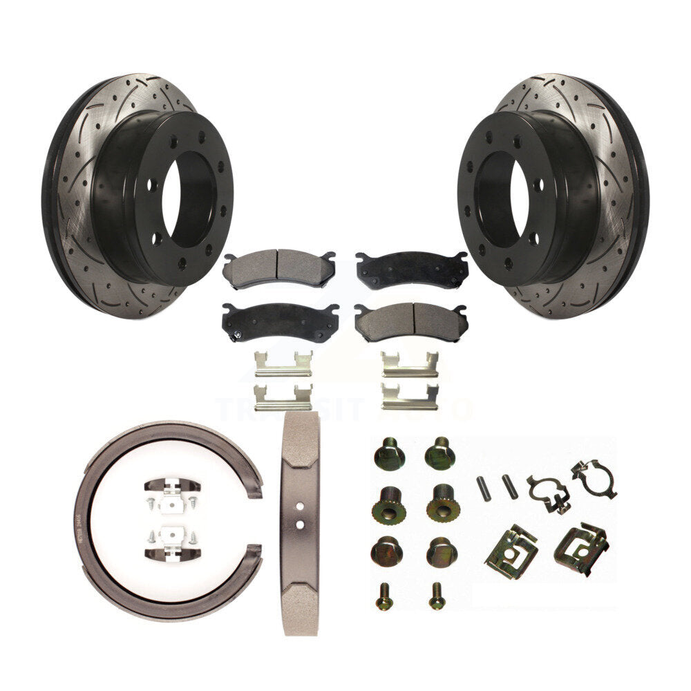 POSITION Disc Drilled & Slotted Rotors Ceramic Pads Parking Brake Shoes Hardware-KDT-102134