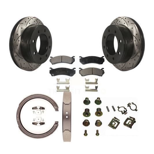 POSITION Disc Drilled & Slotted Rotors Ceramic Pads Parking Brake Shoes Hardware-KDT-102134