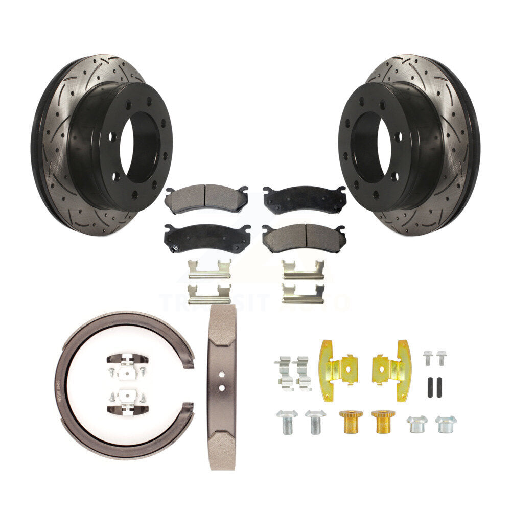 POSITION Disc Drilled & Slotted Rotors Ceramic Pads Parking Brake Shoes Hardware-KDT-102135
